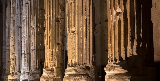 Detail of illuminated column architecture of Pantheon by night Rome Italy