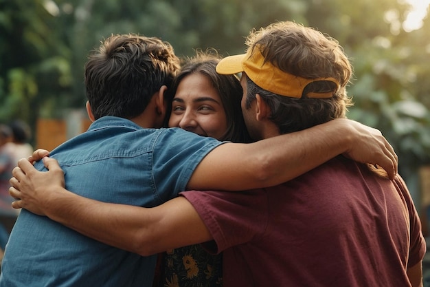 Detail the infectious happiness as friends squeeze eac