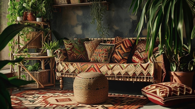 Photo detail in lounge room with bohemian interior comfort sofa and cushions ethnic pattern ai generative