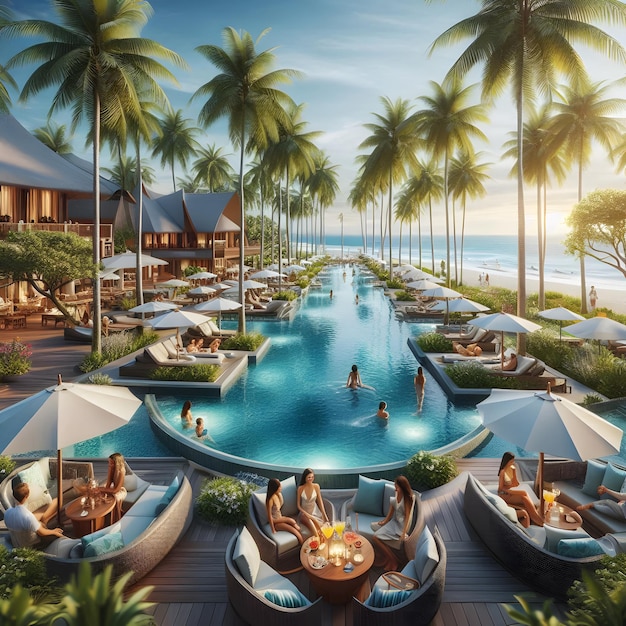 Detail a luxury resort nestled among palm trees where guests lounge in infinity pools overlooking