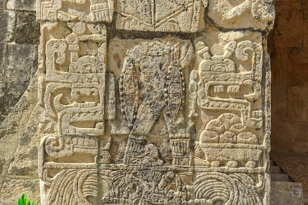 Detail of the Maya inscriptions of the Temple of the Jaguar in the archaeological complex of Chichen Itza in Mexico