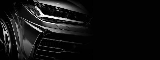 Detail on one of the LED headlights super car.copy space, black and white, copy space