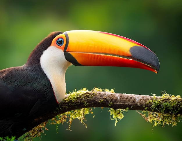 Detail portrait of toucan Beautiful bird with big beak Chesnutmandibled sitting