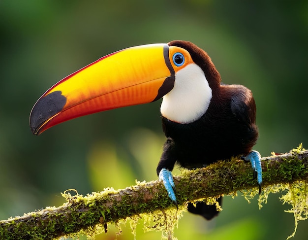 Detail portrait of toucan Beautiful bird with big beak Chesnutmandibled sitting