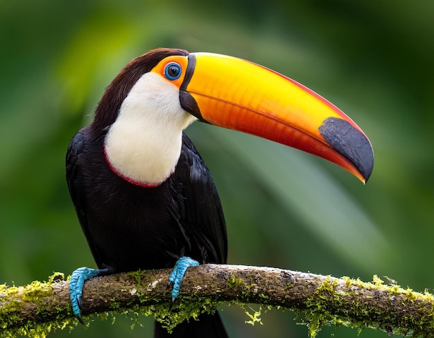 Detail portrait of toucan Beautiful bird with big beak Chesnutmandibled sitting