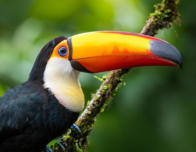 Detail portrait of toucan Beautiful bird with big beak Chesnutmandibled sitting