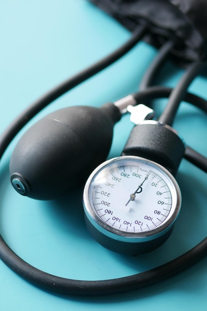 detail shot of blood pressure machine on table ,