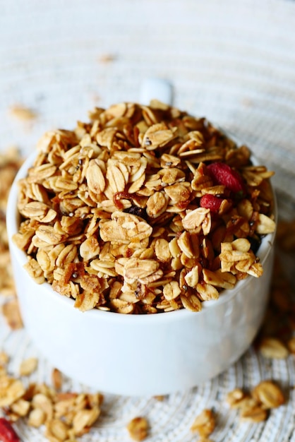 Detail shot of granola Musli in a bowl