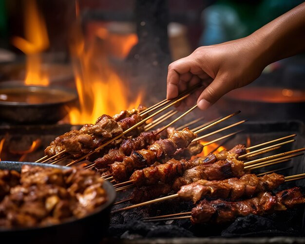 Detail shot of a satay seller's hands skillfully grilling skewers over hot charcoal Generative AI