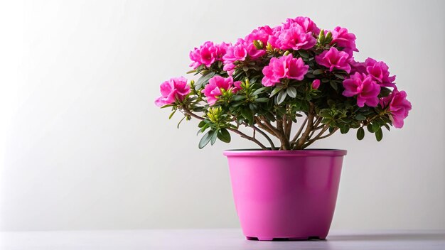 Photo detail spring elegant foliage container home decor plant pot medium shot flora garden a medium shot of a blooming pink azalea in a purple pot placed on a white background