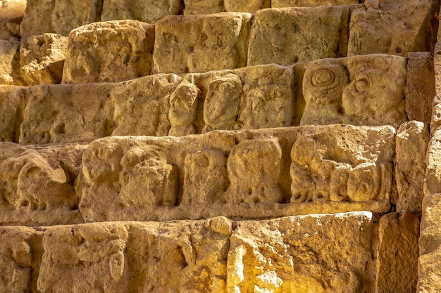 Detail of the stairs full of drawings of the temples of Copan Ruinas Honduras