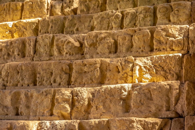 Detail of the stairs full of drawings of the temples of Copan Ruinas Honduras