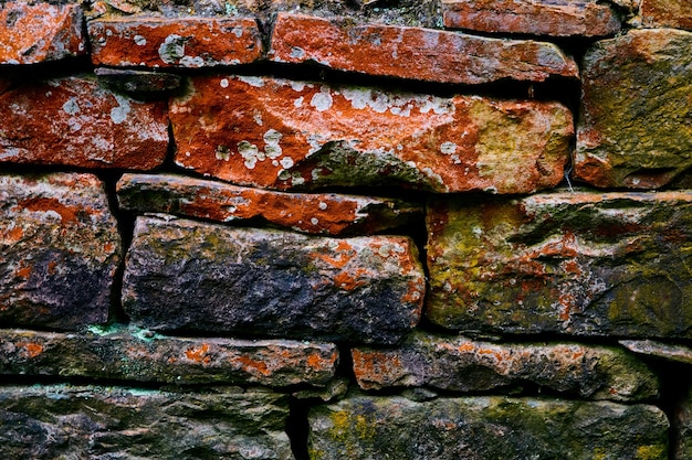 Detail texture of colorful stone wall with red and lichen