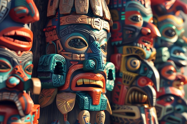 Detail the vibrant display of tribal masks and tot generative ai