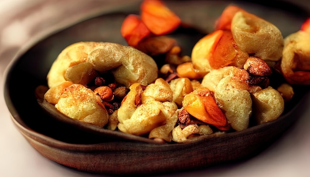 Detail view of cashew nuts from above Close up photo with cashew on a wooden plate Generative Ai