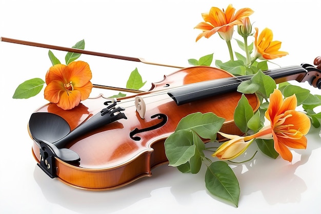 Detail of violin and flower on white background