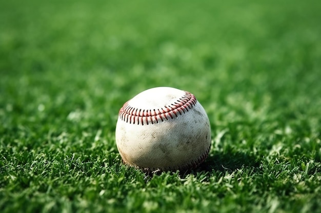 Detail of White Baseball with Red Seams on Grass Under Harsh Sunlight Blurred Background