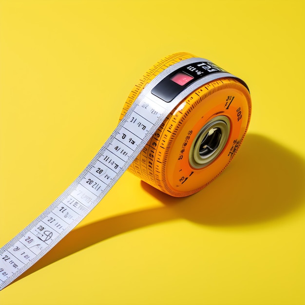 Photo detailcentric view of a coiled centimeter tape measurer laying on a flat surface