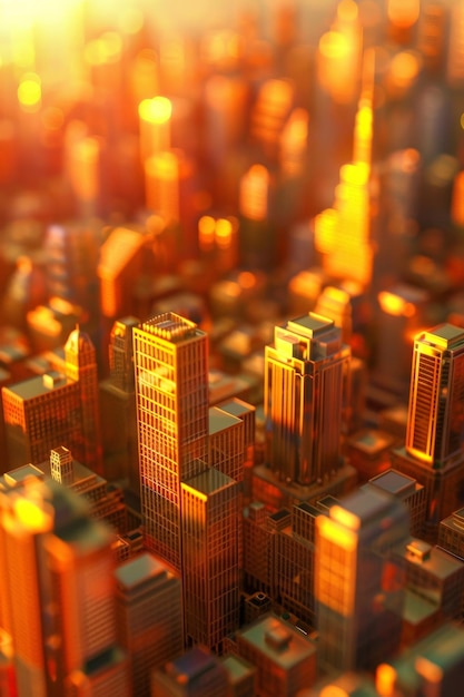 A detailed 3D city skyline at sunset with skyscrapers reflecting the golden hues of the setting sun