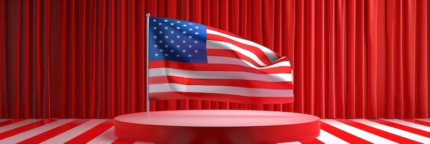 Detailed 3D of a grand podium with the waving American flag against a clear backgroundperfect for showcasing patriotic themesawards ceremoniesnational competitionsor other important events