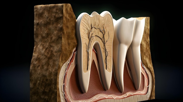 Detailed 3D Illustration of Human Tooth Cross Section Showing Layers and Structure