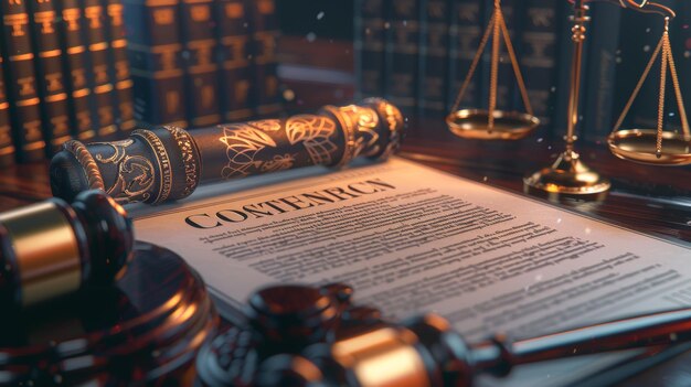 Detailed 3D Illustration of Legal Contract Surrounded by Judicial Symbols Ideal for Law and Justice Concepts Legal Designs for Posters and Print Media