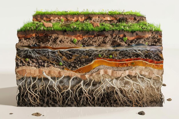 Photo detailed 3d illustration of soil layers and roots beneath a pasture for educational use