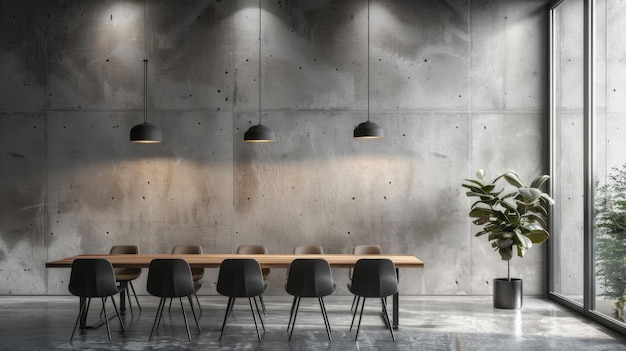 Photo detailed 3d image of a small meeting room with bare concrete walls a simple wooden table and pendant lights casting soft focused illumination