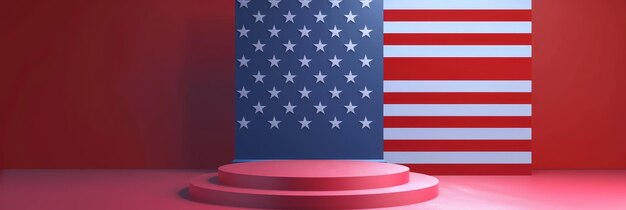 Detailed 3D of a minimalist red podium platform against a vibrant backdrop of the USA flagcreating a patriotic display with clear copy space for various eventsceremoniesor presentations