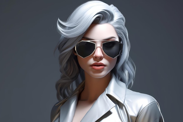 Detailed 3D model of a female character in glasses and a silver suit ideal for cartoons