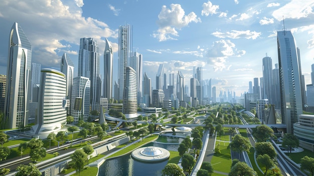 A detailed 3D model of a futuristic urban environment with towering skyscrapers green spaces and advanced transportation systems emphasizing innovation sustainability and modern urban planning