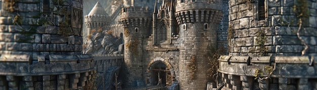 Photo a detailed 3d model of a medieval castle with towering walls turrets and a drawbridge