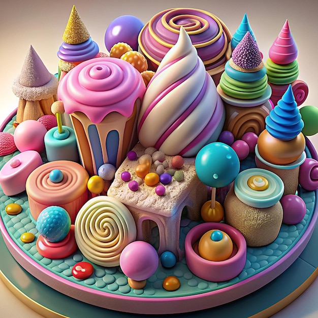 Photo detailed 3d plastic graphic of whimsical candy land with colorful sweets and glossy textures