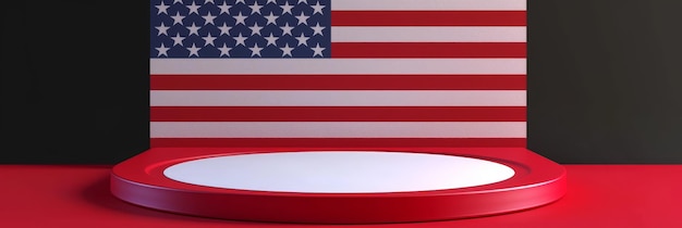 Detailed 3D of a red and white striped podium or platform with an American flag backdropproviding a boldpatrioticthemed design with clear copy space for brandingtext overlay