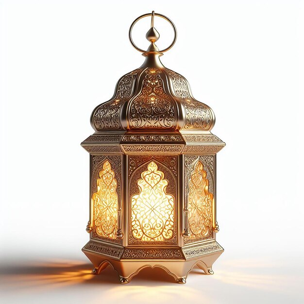 Detailed 3D Render of Ornate Golden Ramadan Lantern Glowing Softly on White Background