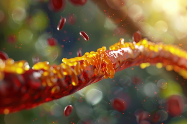 Detailed 3d rendering of cholesterol plaques obstructing blood flow inside an artery