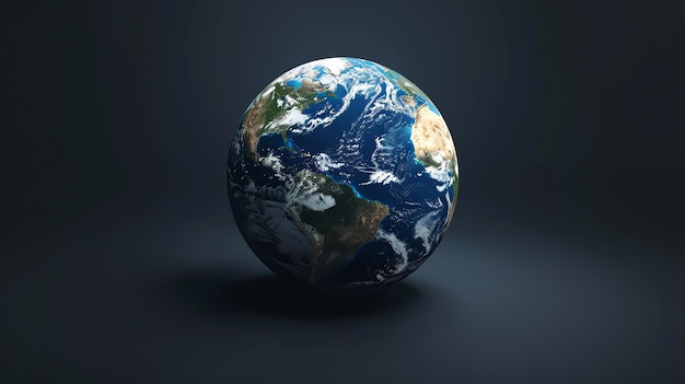 A detailed 3D rendering of the Earth against a dark blue background