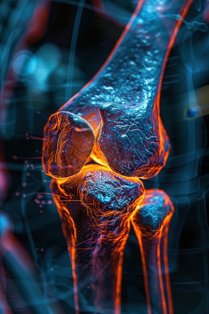 Detailed 3D rendering of a human knee joint with vibrant glowing highlights showcasing anatomical structure in a futuristic style