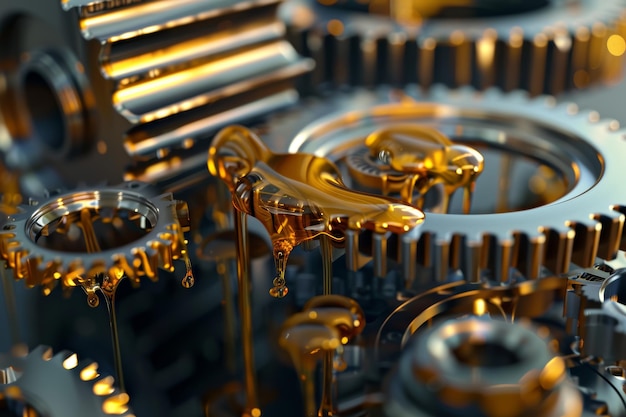 Detailed 3D Rendering of Mechanical Gears with Oil Droplets in Motion for Industrial Design