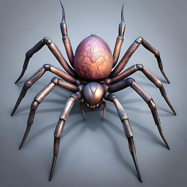 A detailed 3D rendering of a menacing spider with a metallic sheen emphasizing its intricate anatomy and menacing presence