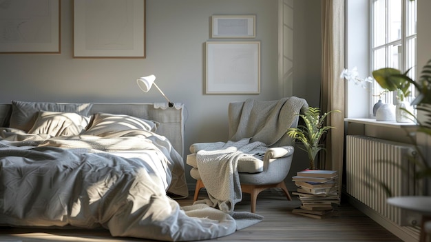 A detailed 3D rendering of a Scandinavian loft bedroom interior featuring gray decor an armchair bed