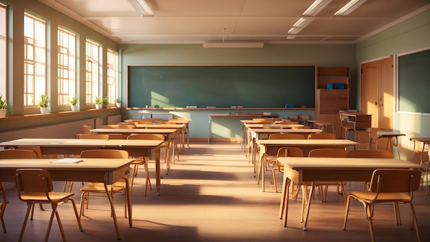 A detailed 3D rendering of a student desk with a stack of textbooks and a pencil holder