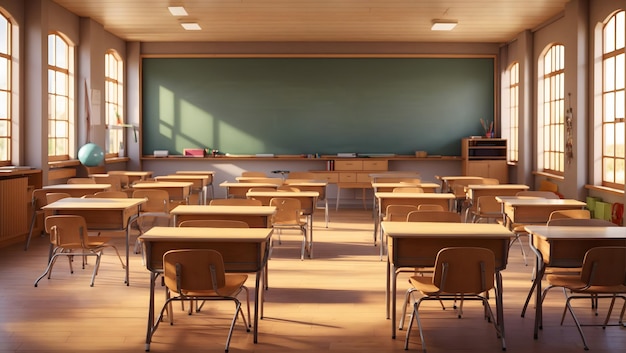 A detailed 3D rendering of a student desk with a stack of textbooks and a pencil holder