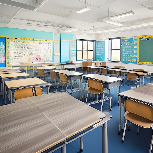 A detailed 3D rendering of a student desk with a stack of textbooks and a pencil holder