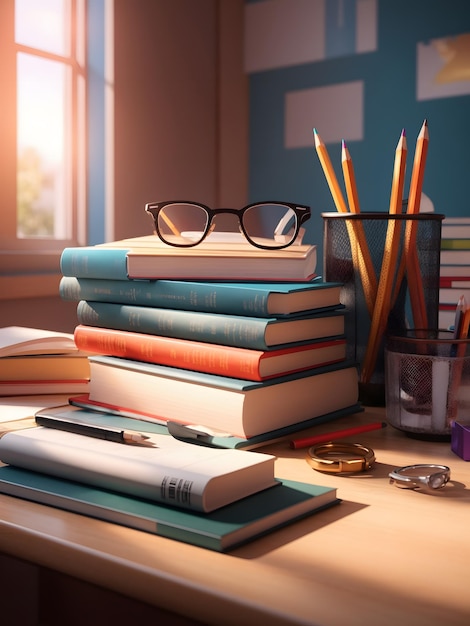 A detailed 3D rendering of a student desk with a stack of textbooks and a pencil holder