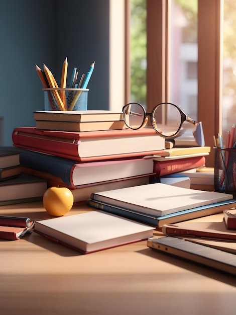 A detailed 3D rendering of a student desk with a stack of textbooks and a pencil holder