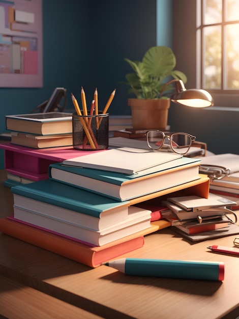 A detailed 3D rendering of a student desk with a stack of textbooks and a pencil holder