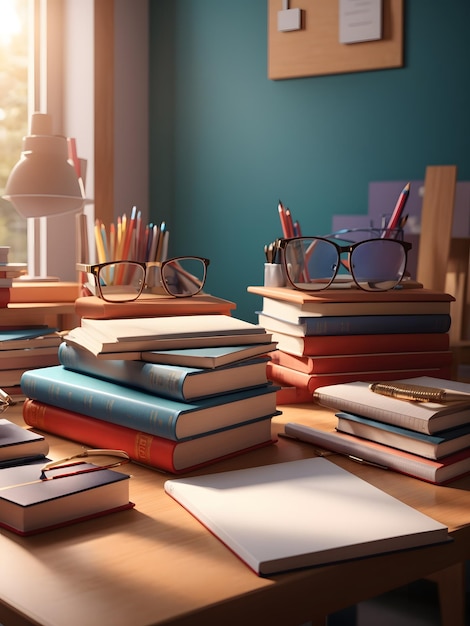 A detailed 3D rendering of a student desk with a stack of textbooks and a pencil holder