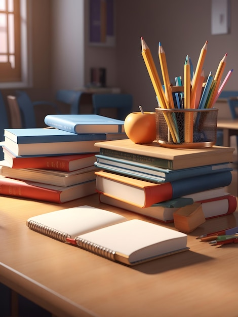 A detailed 3D rendering of a student desk with a stack of textbooks and a pencil holder