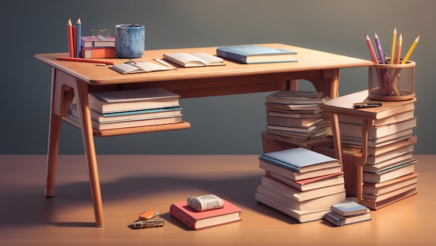 A detailed 3D rendering of a student desk with a stack of textbooks and a pencil holder